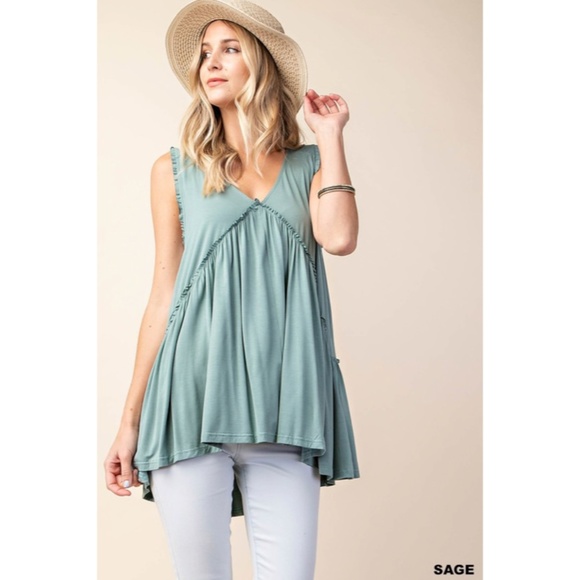 SOLD OUT Sage Soft Frilly Ruffle Raw Edge V-Neck Solid Casual Swing Sleeveless - Picture 2 of 3